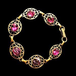 Vintage Banana Bob Victorian style ox gold open work amethyst cabashon bracelet